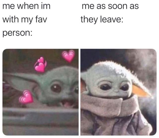 The meme is a photo of Baby Yoda from the Star Wars franchise, but with a significant age difference. The image shows an older, grey-haired version of Baby Yoda, with a caption that reads "me when I'm with my loved one" and "me when they leave". The meme is a humorous commentary on the emotions of being with someone you care about and then feeling a pang of sadness when they depart.